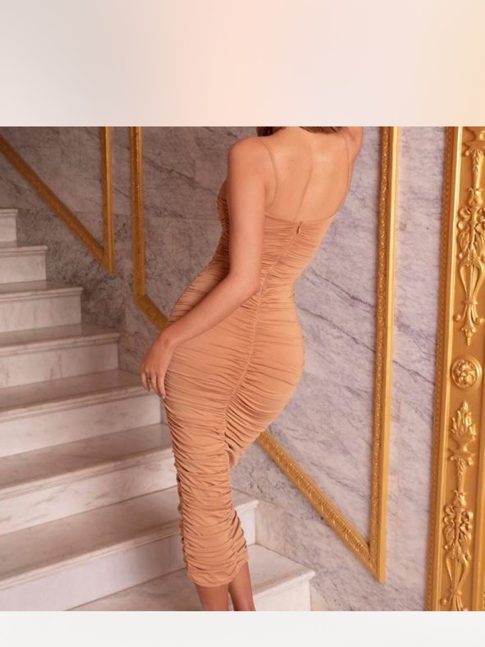Oh Polly Ruched keep it simple Bodycon Midi Dress in Nude / Tan - Size US 2